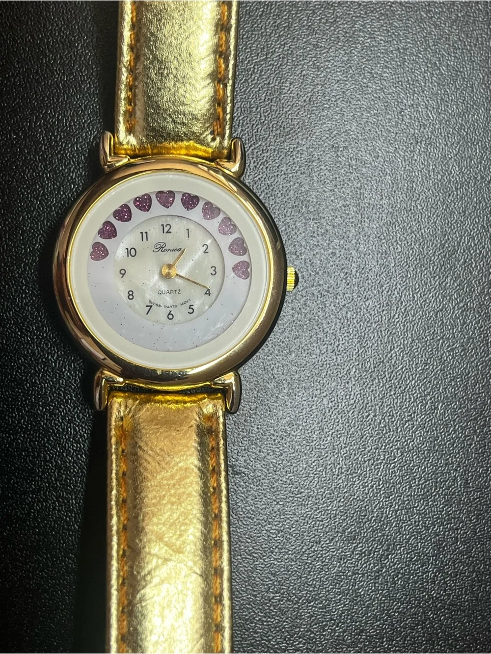 Ronica Gold Tone Women's Quartz Watch with Pink Heart Accents